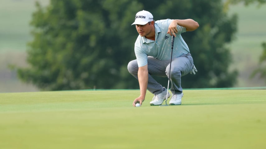 COLUMBUS, OH - AUGUST 26:  Andrew Novak of the United States lines up a putt during the first round of the Nationwide Children's Hospital Championship at The Ohio State University Golf Club on August 26, 2021 in Columbus, Ohio. (Photo by Kirk Irwin/Getty Images)