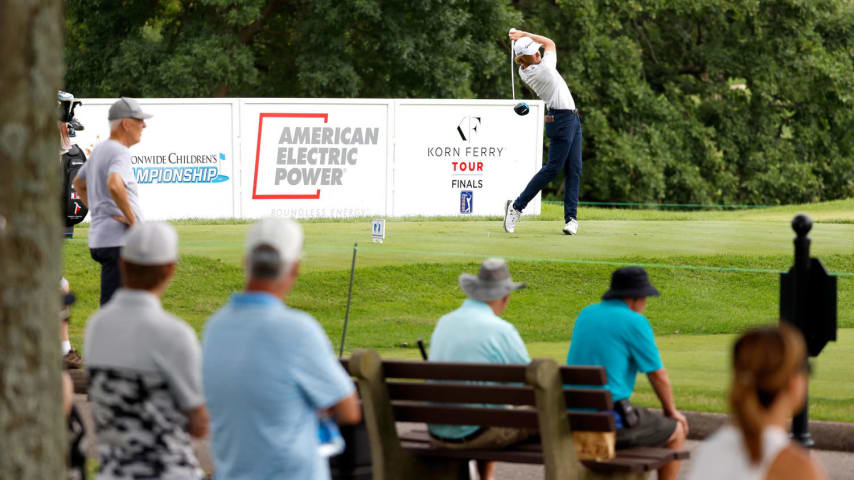 COLUMBUS, OH - AUGUST 28:  Austin Smotherman of the United States hits a tee shot during the third round of the Nationwide Children’s Hospital Championship at The Ohio State University Golf Club on August 28, 2021 in Columbus, Ohio. (Photo by Kirk Irwin/Getty Images)