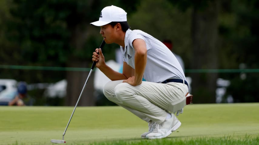 COLUMBUS, OH - AUGUST 28:  Brandon Wu of the United States lines up a putt during the third round of the Nationwide Childrenâs Hospital Championship at The Ohio State University Golf Club on August 28, 2021 in Columbus, Ohio. (Photo by Kirk Irwin/Getty Images)