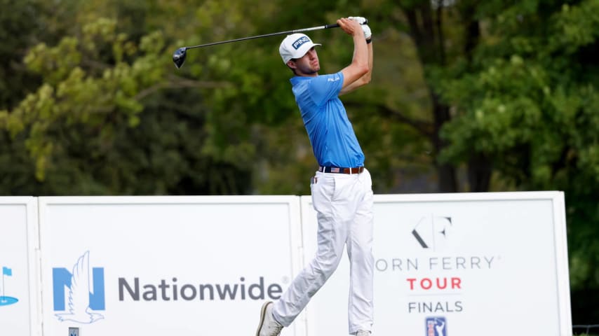 COLUMBUS, OH - AUGUST 28:  Alex Smalley of the United States hits a tee shot during the third round of the Nationwide Childrenâs Hospital Championship at The Ohio State University Golf Club on August 28, 2021 in Columbus, Ohio. (Photo by Kirk Irwin/Getty Images)