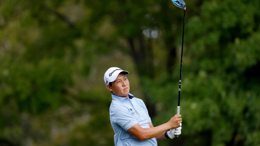 COLUMBUS, OH - AUGUST 28:  Dylan Wu of the United States hits a tee shot during the third round of the Nationwide Childrenâs Hospital Championship at The Ohio State University Golf Club on August 28, 2021 in Columbus, Ohio. (Photo by Kirk Irwin/Getty Images)