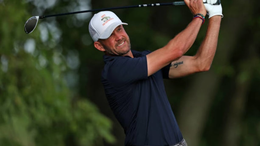 NICHOLASVILLE, KENTUCKY - JULY 13: D.J. Trahan of the United States plays his shot from the third tee during the first round of the Barbasol Championship at Keene Trace Golf Club on July 13, 2023 in United States. (Photo by Rob Carr/Getty Images)