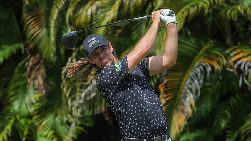 RIO GRANDE, PUERTO RICO - MARCH 08: Aaron Baddeley of Australia plays his shot from the fourth tee during the second round of the Puerto Rico Open at Grand Reserve Golf Club on March 08, 2024 in Rio Grande, Puerto Rico. (Photo by Jonathan Bachman/Getty Images)