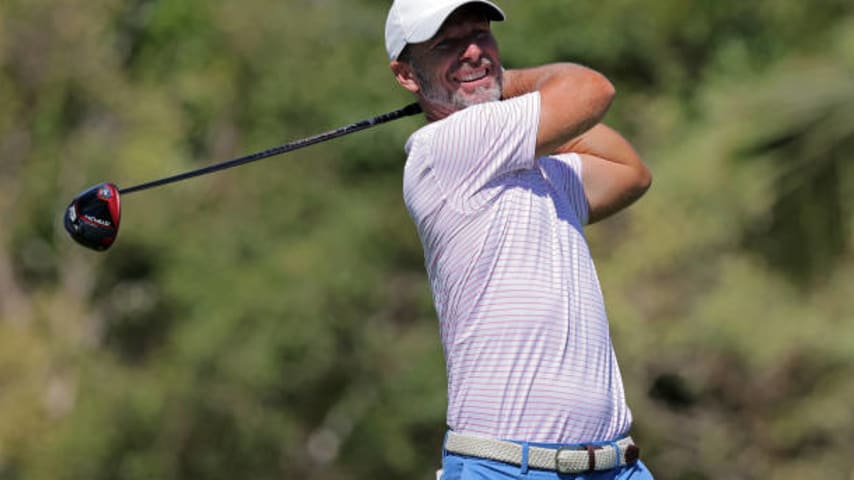 PUNTA CANA, DOMINICAN REPUBLIC - MARCH 23: Richard Johnson of Sweden plays his shot from the 16th tee during the first round of the Corales Puntacana Championship at Puntacana Resort & Club, Corales Golf Course on March 23, 2023 in Punta Cana. (Photo by Jonathan Bachman/Getty Images)
