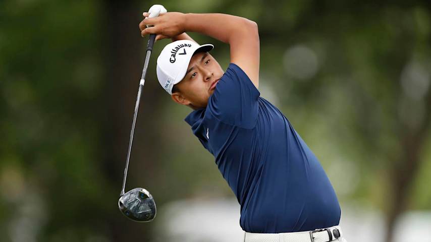 DETROIT, MICHIGAN - JUNE 27: Kevin Yu of Chinese Taipei plays his shot from the 12th tee during the first round of the Rocket Mortgage Classic at Detroit Golf Club on June 27, 2024 in Detroit, Michigan. (Photo by Raj Mehta/Getty Images)