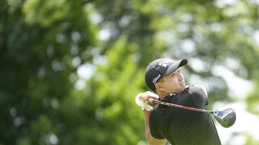 DETROIT, MICHIGAN - JUNE 27: C.T. Pan of Taiwan plays his shot from the 14th tee during the first round of the Rocket Mortgage Classic at Detroit Golf Club on June 27, 2024 in Detroit, Michigan. (Photo by Raj Mehta/Getty Images)