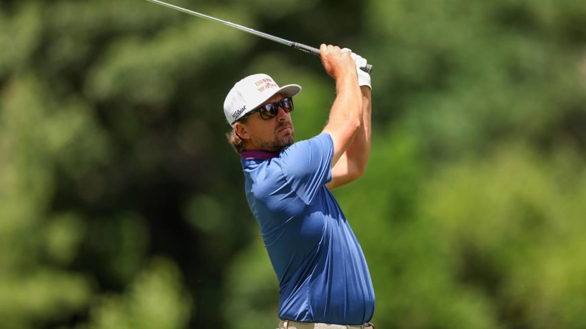 DETROIT, MICHIGAN - JUNE 27: Roger Sloan of Canada hits a shot from the ninth tee during the first round of the Rocket Mortgage Classic at Detroit Golf Club on June 27, 2024 in Detroit, Michigan. (Photo by Gregory Shamus/Getty Images)