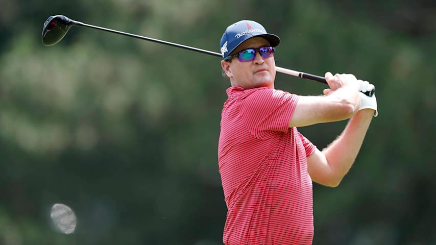 DETROIT, MICHIGAN - JUNE 29: Zach Johnson of the United States plays his shot from the fourth tee during the third round of the Rocket Mortgage Classic at Detroit Golf Club on June 29, 2024 in Detroit, Michigan. (Photo by Raj Mehta/Getty Images)