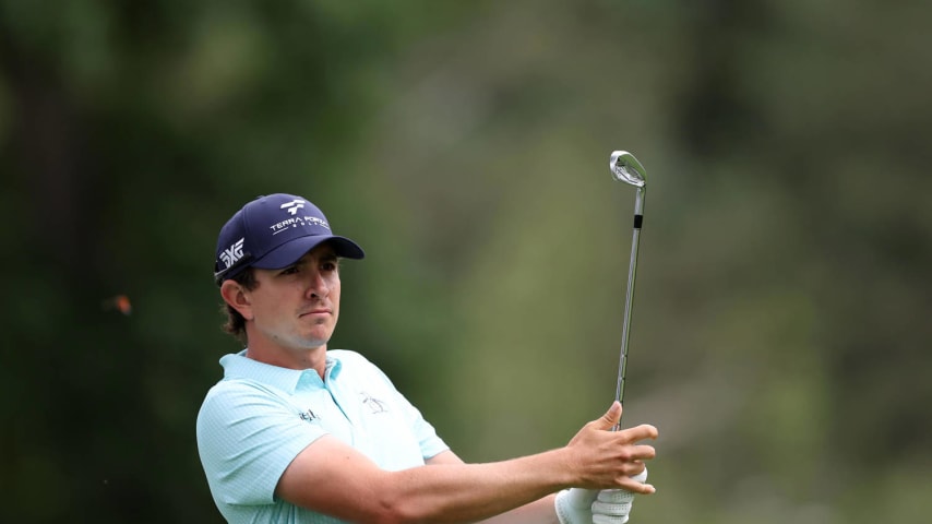 DETROIT, MICHIGAN - JUNE 28: Nico Echavarria of Colombia plays his shot from the ninth tee during the second round of the Rocket Mortgage Classic at Detroit Golf Club on June 28, 2024 in Detroit, Michigan. (Photo by Raj Mehta/Getty Images)