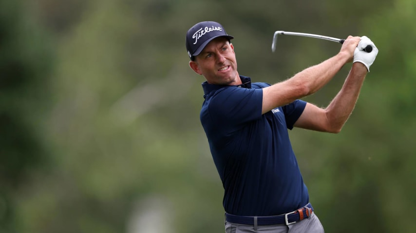 DETROIT, MICHIGAN - JUNE 28: Webb Simpson of the United States plays his shot from the ninth tee during the second round of the Rocket Mortgage Classic at Detroit Golf Club on June 28, 2024 in Detroit, Michigan. (Photo by Raj Mehta/Getty Images)