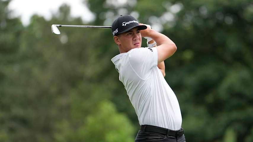DETROIT, MICHIGAN - JUNE 28: Michael Thorbjornsen of the United States plays his shot from the ninth tee during the second round of the Rocket Mortgage Classic at Detroit Golf Club on June 28, 2024 in Detroit, Michigan. (Photo by Raj Mehta/Getty Images)
