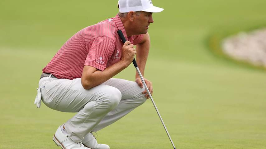 DETROIT, MICHIGAN - JUNE 28: Brendon Todd of the United States lines up a putt on the 14th green during the second round of the Rocket Mortgage Classic at Detroit Golf Club on June 28, 2024 in Detroit, Michigan. (Photo by Gregory Shamus/Getty Images)