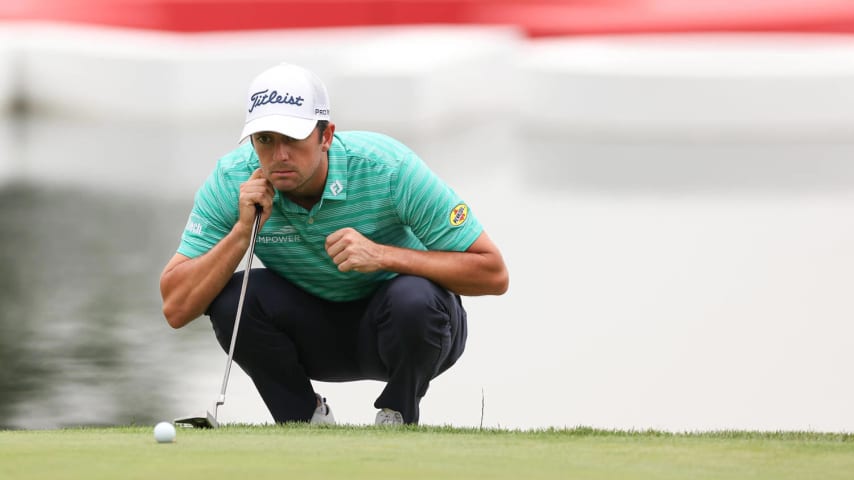 DETROIT, MICHIGAN - JUNE 28: Davis Riley of the United States lines up a putt on the 14th green during the second round of the Rocket Mortgage Classic at Detroit Golf Club on June 28, 2024 in Detroit, Michigan. (Photo by Gregory Shamus/Getty Images)