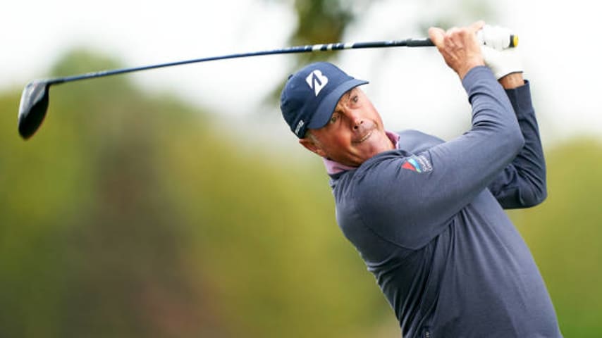 SAN ROQUE, SPAIN - OCTOBER 20: Matt Kuchar of USA tees off on the 11th hole during Day Two of the Estrella Damm N.A. AndalucÃa Masters at Real Club de Golf Sotogrande on October 20, 2023 in San Roque, Spain. (Photo by Jose Manuel Alvarez/Quality Sport Images/Getty Images)