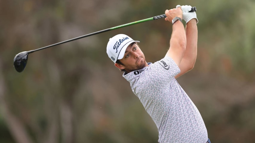 HONOLULU, HAWAII - JANUARY 09: Davis Riley of the United States plays his shot from the first tee during a practice round prior to the Sony Open in Hawaii at Waialae Country Club on January 09, 2024 in Honolulu, Hawaii. (Photo by Michael Reaves/Getty Images)