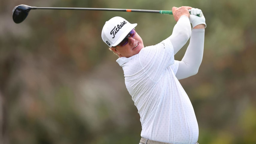 HONOLULU, HAWAII - JANUARY 09: Charley Hoffman of the United States plays his shot from the first tee during a practice round prior to the Sony Open in Hawaii at Waialae Country Club on January 09, 2024 in Honolulu, Hawaii. (Photo by Michael Reaves/Getty Images)