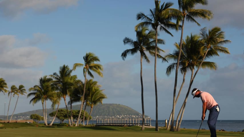 HONOLULU, HAWAII - JANUARY 13: Keith Mitchell of the United States putts on the 17th green during the third round of the Sony Open in Hawaii at Waialae Country Club on January 13, 2024 in Honolulu, Hawaii. (Photo by Michael Reaves/Getty Images)