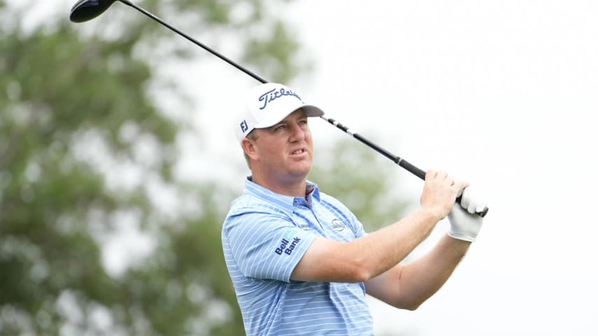 HOUSTON, TEXAS - MARCH 31: Tom Hoge of the United States watches his shot from the first tee during the final round of the Texas Children's Houston Open at Memorial Park Golf Course on March 31, 2024 in Houston, Texas. (Photo by Raj Mehta/Getty Images)