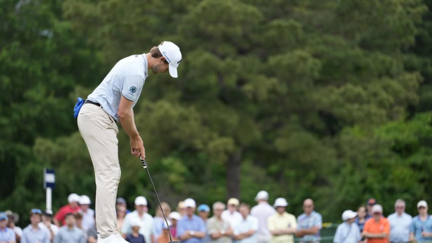 HOUSTON, TEXAS - MARCH 31: Thomas Detry of Belgium putts on the 13th green during the final round of the Texas Children's Houston Open at Memorial Park Golf Course on March 31, 2024 in Houston, Texas. (Photo by Raj Mehta/Getty Images)