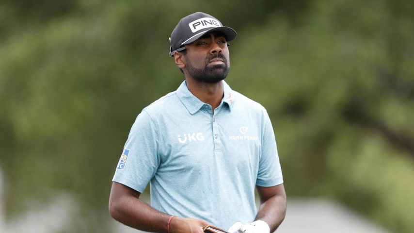 HOUSTON, TEXAS - MARCH 30: Sahith Theegala of the United States plans a shot from the first tee during the third round of the Texas Children's Houston Open at Memorial Park Golf Course on March 30, 2024 in Houston, Texas. (Photo by Raj Mehta/Getty Images)
