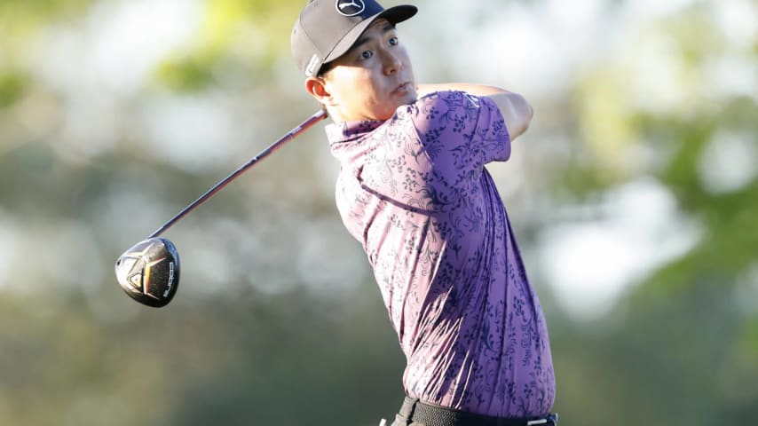 HOUSTON, TEXAS - MARCH 29: Justin Suh of the United States hits a tee shot on the 12th hole during the second round of the Texas Children's Houston Open at Memorial Park Golf Course on March 29, 2024 in Houston, Texas. (Photo by Raj Mehta/Getty Images)