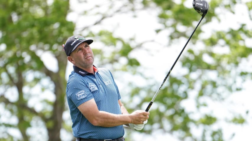 HOUSTON, TEXAS - MARCH 29: Josh Teater of the United States watches his shot from the 12th tee during the second round of the Texas Children's Houston Open at Memorial Park Golf Course on March 29, 2024 in Houston, Texas. (Photo by Raj Mehta/Getty Images)