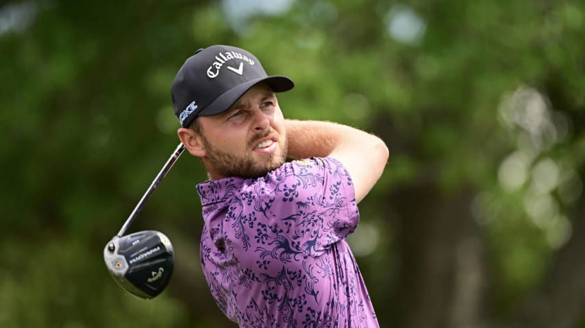 HOUSTON, TEXAS - MARCH 29: Adam Svensson of Canada hits a tee shot on the first hole during the second round of the Texas Children's Houston Open at Memorial Park Golf Course on March 29, 2024 in Houston, Texas. (Photo by Logan Riely/Getty Images)