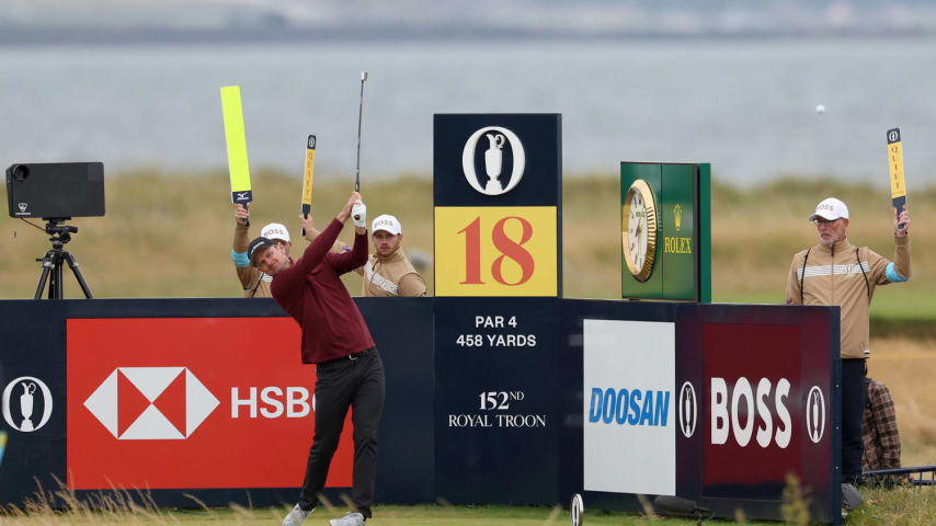 TROON, SCOTLAND - JULY 21: Justin Rose of England tees off on the 18th hole during day four of The 152nd Open championship at Royal Troon on July 21, 2024 in Troon, Scotland. (Photo by Harry How/Getty Images)