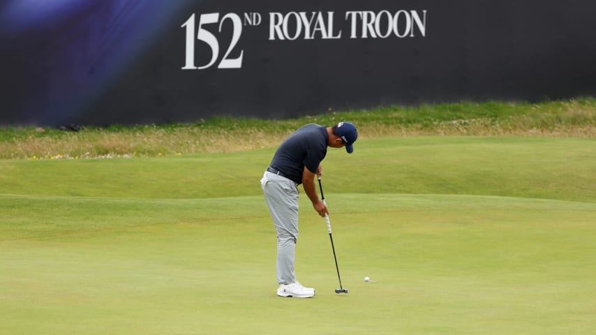 TROON, SCOTLAND - JULY 19: Byeong Hun An of South Korea putts on the 18th green during day two of The 152nd Open championship at Royal Troon on July 19, 2024 in Troon, Scotland. (Photo by Kevin C. Cox/Getty Images)