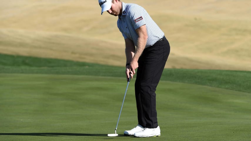 LA QUINTA, CALIFORNIA - JANUARY 16: Tyler Duncan putts on the 17th hole during the first round of The American Express tournament  at the Jack Nicklaus Tournament Course at PGA West on January 16, 2020 in La Quinta, California. (Photo by Steve Dykes/Getty Images)