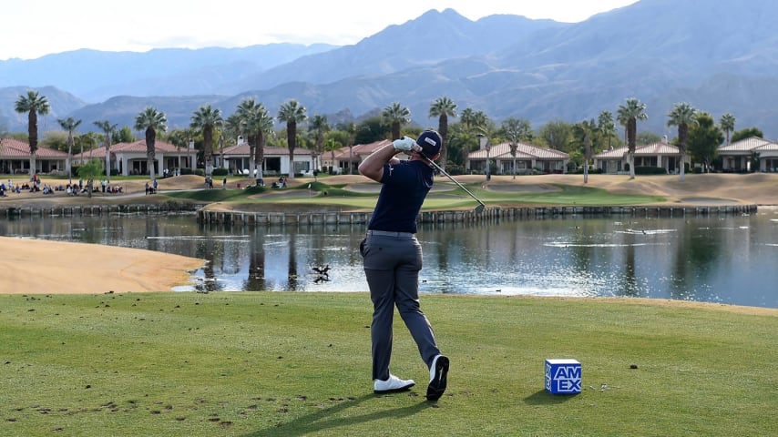 LA QUINTA, CALIFORNIA - JANUARY 17: Robby Shelton tees off on the eighth hole during the second round of The American Express tournament at the Jack Nicklaus Tournament Course at PGA West on January 17, 2020 in La Quinta, California. (Photo by Steve Dykes/Getty Images)