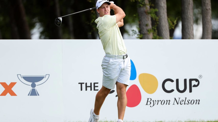 MCKINNEY, TEXAS - MAY 01: Parker Coody hits a tee shot on the ninth hole prior to THE CJ CUP Byron Nelson at TPC Craig Ranch on May 01, 2024 in McKinney, Texas. (Photo by Mike Mulholland/Getty Images for The CJ Cup)