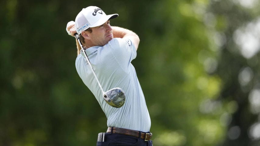 MCKINNEY, TEXAS - MAY 02: Robby Shelton of the United States plays his shot from the 11th tee during the first round of THE CJ CUP Byron Nelson at TPC Craig Ranch on May 02, 2024 in McKinney, Texas. (Photo by Sam Hodde/Getty Images)