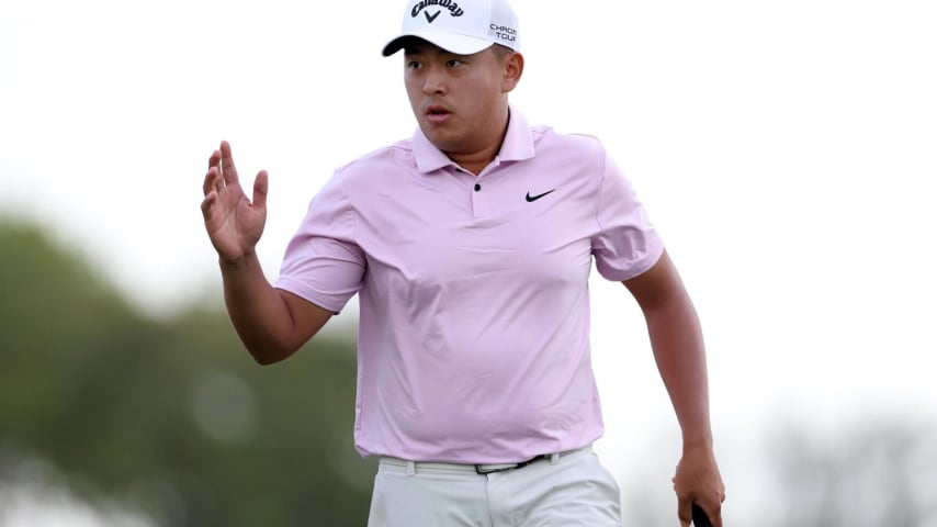 PALM BEACH GARDENS, FLORIDA - FEBRUARY 29: Kevin Yu of Chinese Taipei reacts to a putt on the sixth green during the first round of The Cognizant Classic in The Palm Beaches at PGA National Resort And Spa on February 29, 2024 in Palm Beach Gardens, Florida. (Photo by Brennan Asplen/Getty Images)