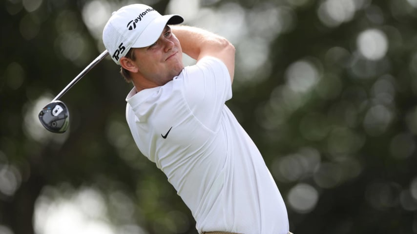 PALM BEACH GARDENS, FLORIDA - MARCH 01: Pierceson Coody of the United States plays his shot from the 14th tee during the second round of The Cognizant Classic in The Palm Beaches at PGA National Resort And Spa on March 01, 2024 in Palm Beach Gardens, Florida. (Photo by Brennan Asplen/Getty Images)