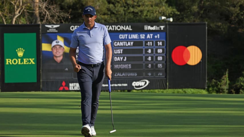 PACIFIC PALISADES, CALIFORNIA - FEBRUARY 16: Christiaan Bezuidenhout of South Africa reacts to his par putt on the 13th green during the second round of The Genesis Invitational at Riviera Country Club on February 16, 2024 in Pacific Palisades, California. (Photo by Harry How/Getty Images)