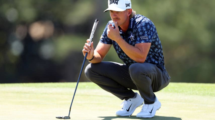 AUGUSTA, GEORGIA - APRIL 14: Jake Knapp of the United States lines up a putt on the 18th green during the final round of the 2024 Masters Tournament at Augusta National Golf Club on April 14, 2024 in Augusta, Georgia. (Photo by Andrew Redington/Getty Images)