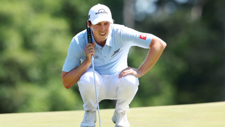 AUGUSTA, GEORGIA - APRIL 14: Matt Fitzpatrick of England lines up a putt on the eighth green during the final round of the 2024 Masters Tournament at Augusta National Golf Club on April 14, 2024 in Augusta, Georgia. (Photo by Andrew Redington/Getty Images)