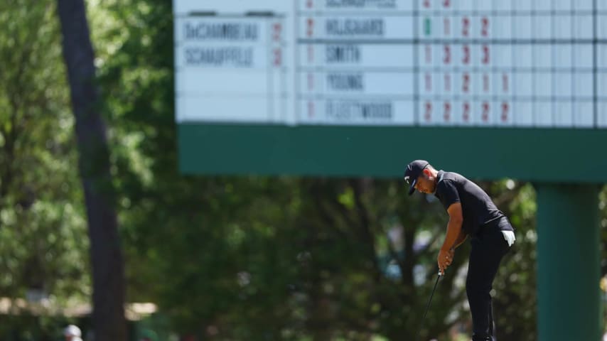 AUGUSTA, GEORGIA - APRIL 14: Xander Schauffele of the United States putts on the third green during the final round of the 2024 Masters Tournament at Augusta National Golf Club on April 14, 2024 in Augusta, Georgia. (Photo by Maddie Meyer/Getty Images)