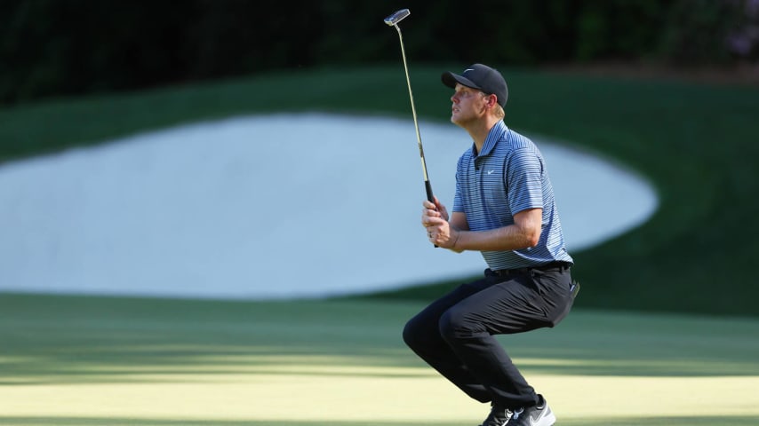 AUGUSTA, GEORGIA - APRIL 14: Cam Davis of Australia reacts after missing a putt on the 13th green during the final round of the 2024 Masters Tournament at Augusta National Golf Club on April 14, 2024 in Augusta, Georgia. (Photo by Andrew Redington/Getty Images)