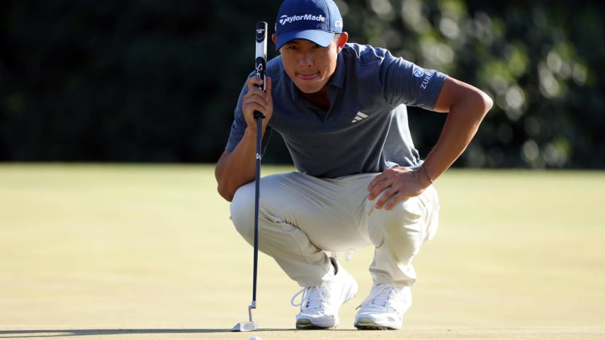 AUGUSTA, GEORGIA - APRIL 14: Collin Morikawa of the United States lines up a putt on the 13th green during the final round of the 2024 Masters Tournament at Augusta National Golf Club on April 14, 2024 in Augusta, Georgia. (Photo by Jamie Squire/Getty Images)