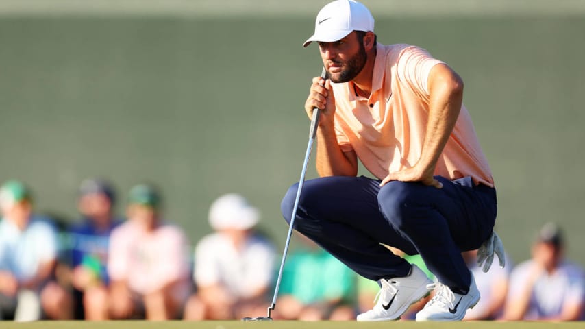 AUGUSTA, GEORGIA - APRIL 14: Scottie Scheffler of the United States lines up a putt on the 17th green during the final round of the 2024 Masters Tournament at Augusta National Golf Club on April 14, 2024 in Augusta, Georgia. (Photo by Andrew Redington/Getty Images)