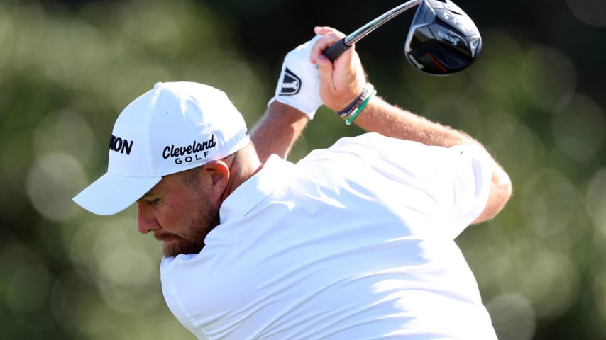 AUGUSTA, GEORGIA - APRIL 08: Shane Lowry of Ireland hits his shot from the tenth tee during a practice round prior to the 2024 Masters Tournament at Augusta National Golf Club on April 08, 2024 in Augusta, Georgia. (Photo by Andrew Redington/Getty Images)