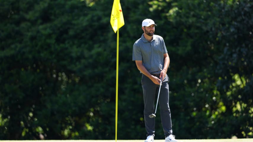 AUGUSTA, GEORGIA - APRIL 08:  Scottie Scheffler of the United States putts on the 11th green during a practice round prior to the 2024 Masters Tournament at Augusta National Golf Club on April 08, 2024 in Augusta, Georgia. (Photo by Andrew Redington/Getty Images)