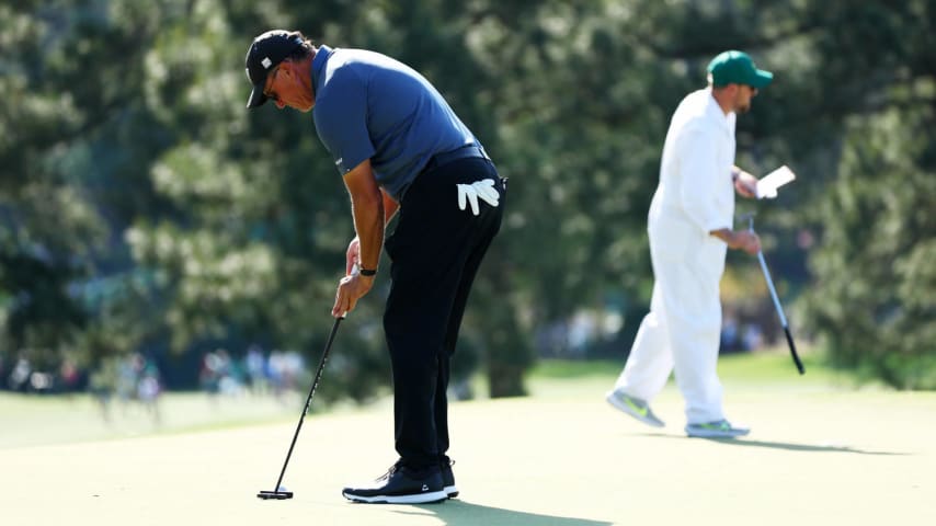 AUGUSTA, GEORGIA - APRIL 08: Phil Mickelson of the United States putts during a practice round prior to the 2024 Masters Tournament at Augusta National Golf Club on April 08, 2024 in Augusta, Georgia. (Photo by Maddie Meyer/Getty Images)