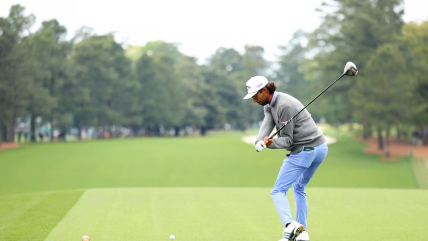 AUGUSTA, GEORGIA - APRIL 09: Akshay Bhatia of the United States plays his shot from the first tee during a practice round prior to the 2024 Masters Tournament at Augusta National Golf Club on April 09, 2024 in Augusta, Georgia. (Photo by Andrew Redington/Getty Images)