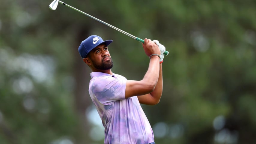AUGUSTA, GEORGIA - APRIL 11: Tony Finau of the United States plays his shot from the fourth tee during the first round of the 2024 Masters Tournament at Augusta National Golf Club on April 11, 2024 in Augusta, Georgia.  (Photo by Andrew Redington/Getty Images)