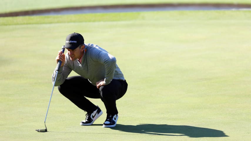 AUGUSTA, GEORGIA - APRIL 12: Justin Rose of England lines up a putt on the first green during the second round of the 2024 Masters Tournament at Augusta National Golf Club on April 12, 2024 in Augusta, Georgia. (Photo by Andrew Redington/Getty Images)