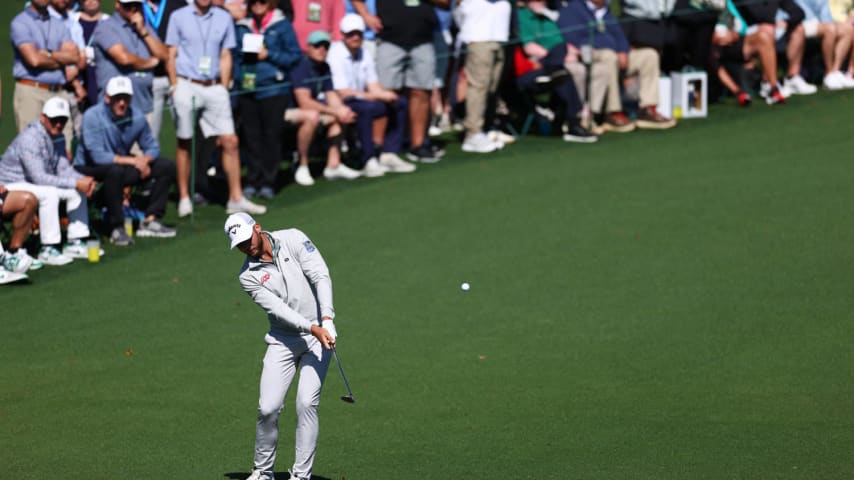 AUGUSTA, GEORGIA - APRIL 12: Sam Burns of the United States chips onto the second green during the second round of the 2024 Masters Tournament at Augusta National Golf Club on April 12, 2024 in Augusta, Georgia. (Photo by Maddie Meyer/Getty Images)