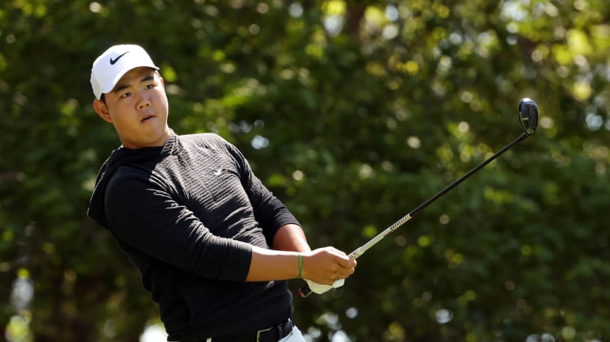 AUGUSTA, GEORGIA - APRIL 12: Tom Kim of South Korea plays his shot from the fourth tee during the second round of the 2024 Masters Tournament at Augusta National Golf Club on April 12, 2024 in Augusta, Georgia. (Photo by Jamie Squire/Getty Images) (Photo by Jamie Squire/Getty Images)